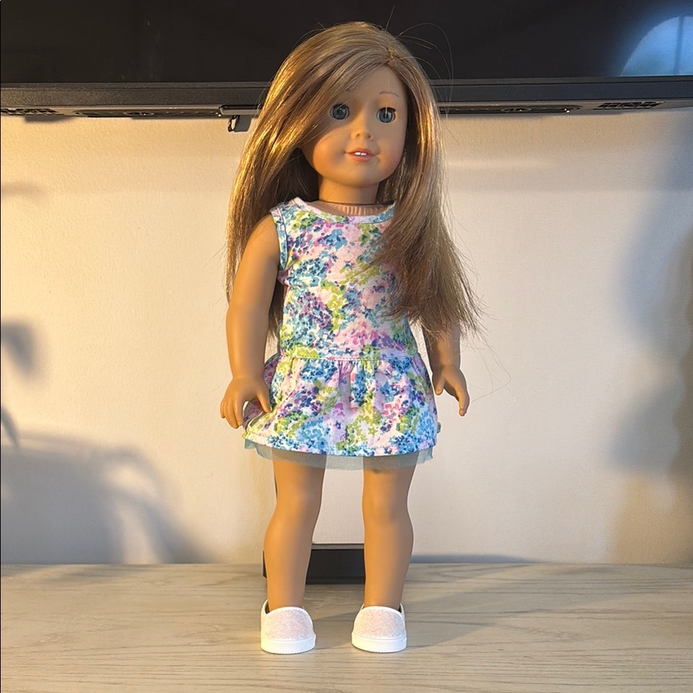 American Girl doll Brown Hair Doll with Blue Floral Dress